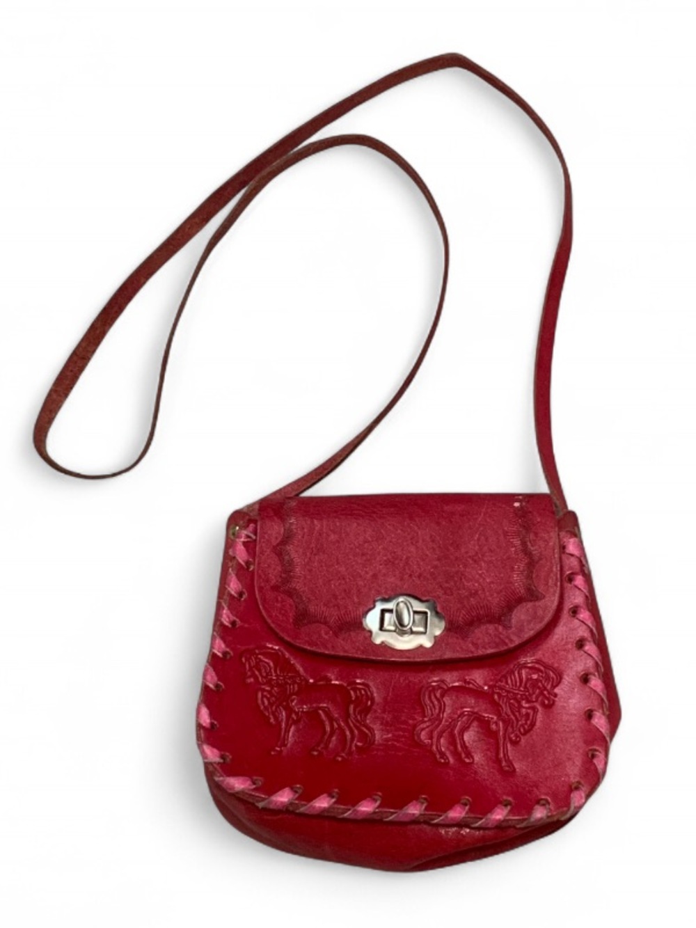 Y2K Red Leather Mini Crossbody Bag with Embossed Horse Details